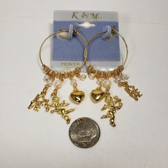 Women's Polished Gold tone Beaded Hoop Design Drop Earrings - Dangling Charms - Picture 5 of 5